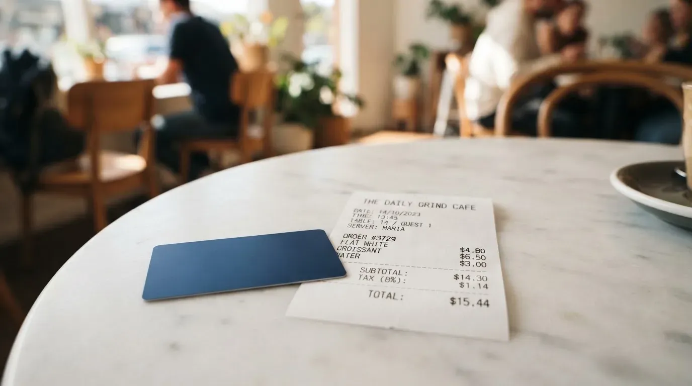A receipt and a card on a café table