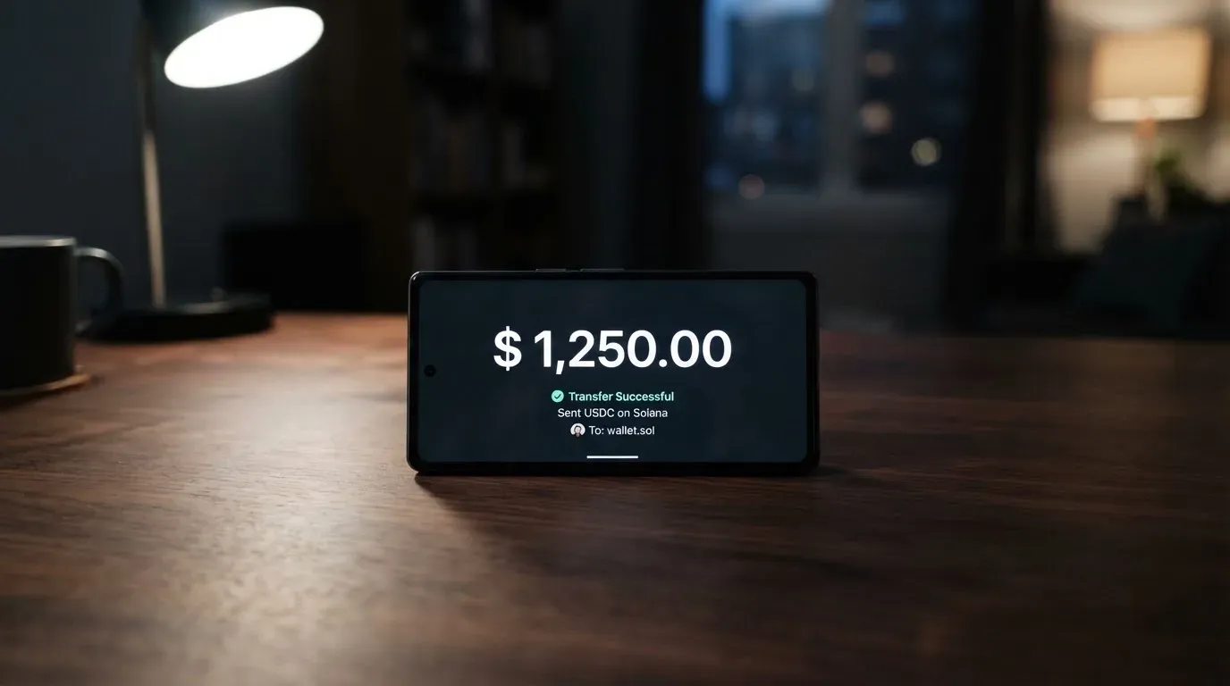 A phone showing a stablecoin transfer screen