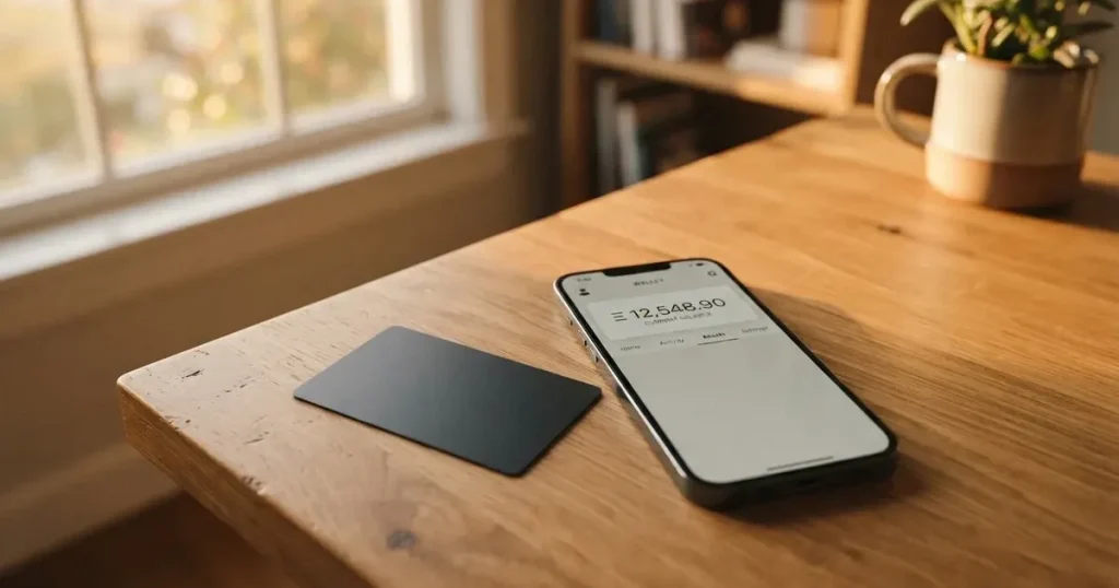 A payment card next to a phone with a crypto wallet app open