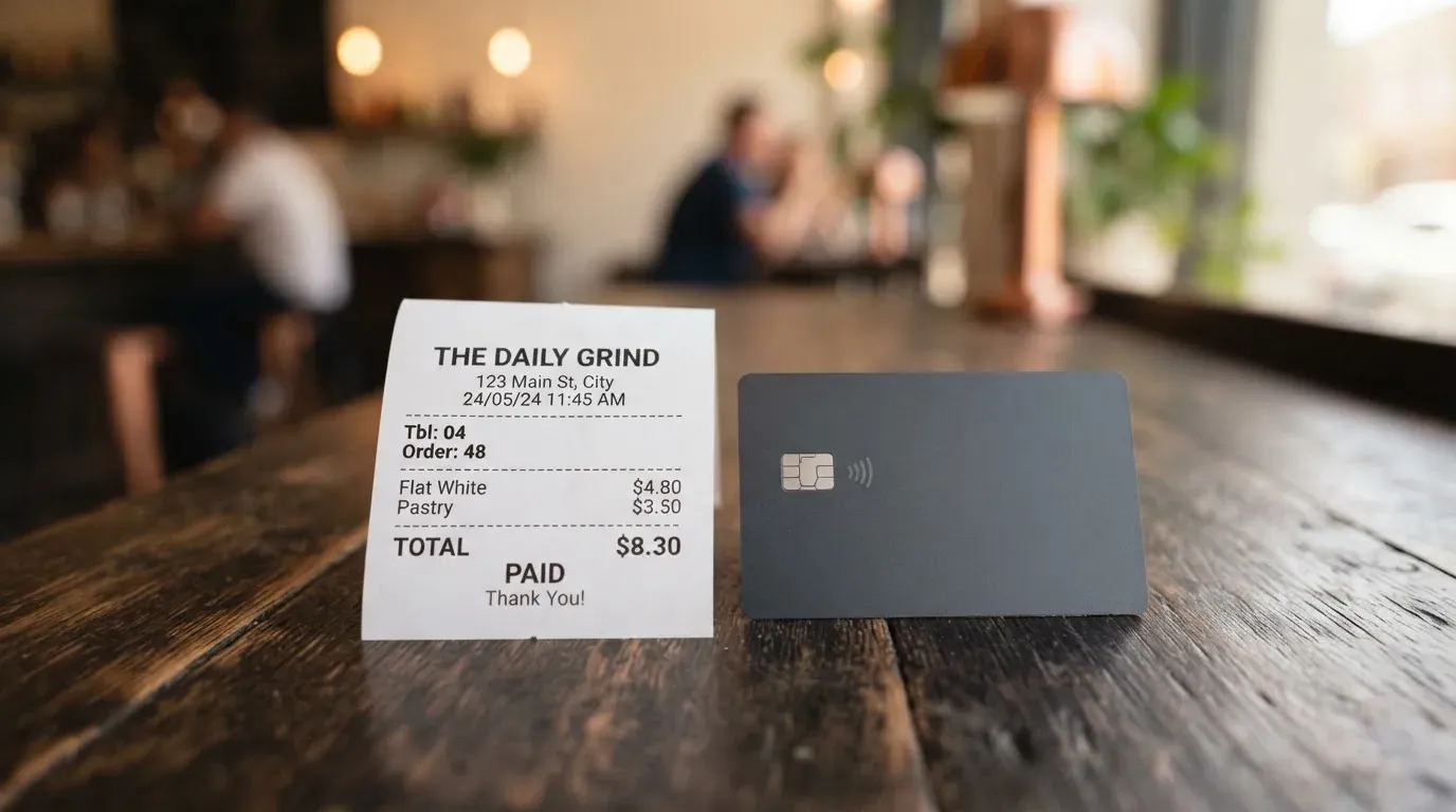 A receipt and a card on a café table