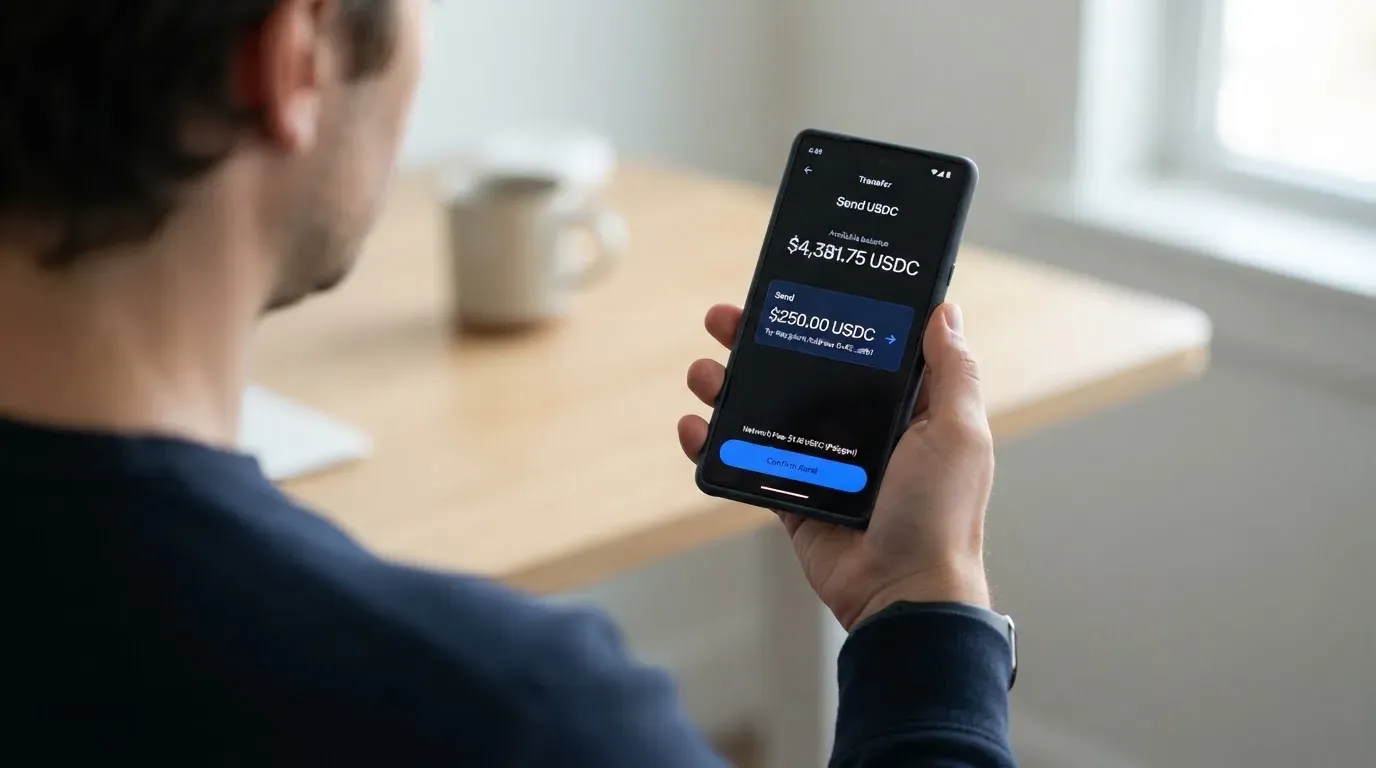 A phone showing a stablecoin transfer screen