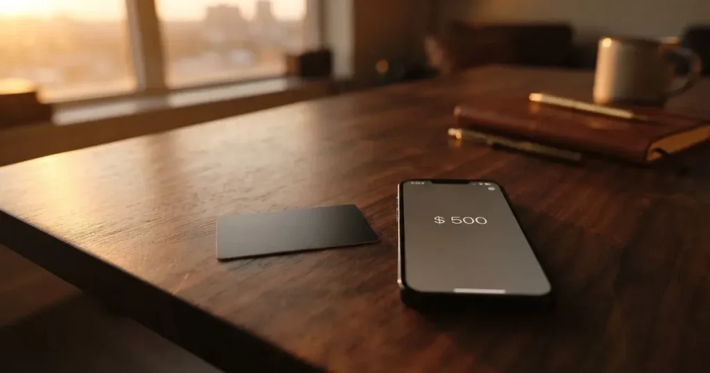 A payment card next to a phone with a crypto wallet app open
