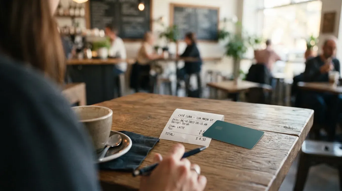 A receipt and a card on a café table