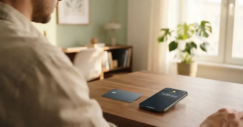A payment card next to a phone with a crypto wallet app open