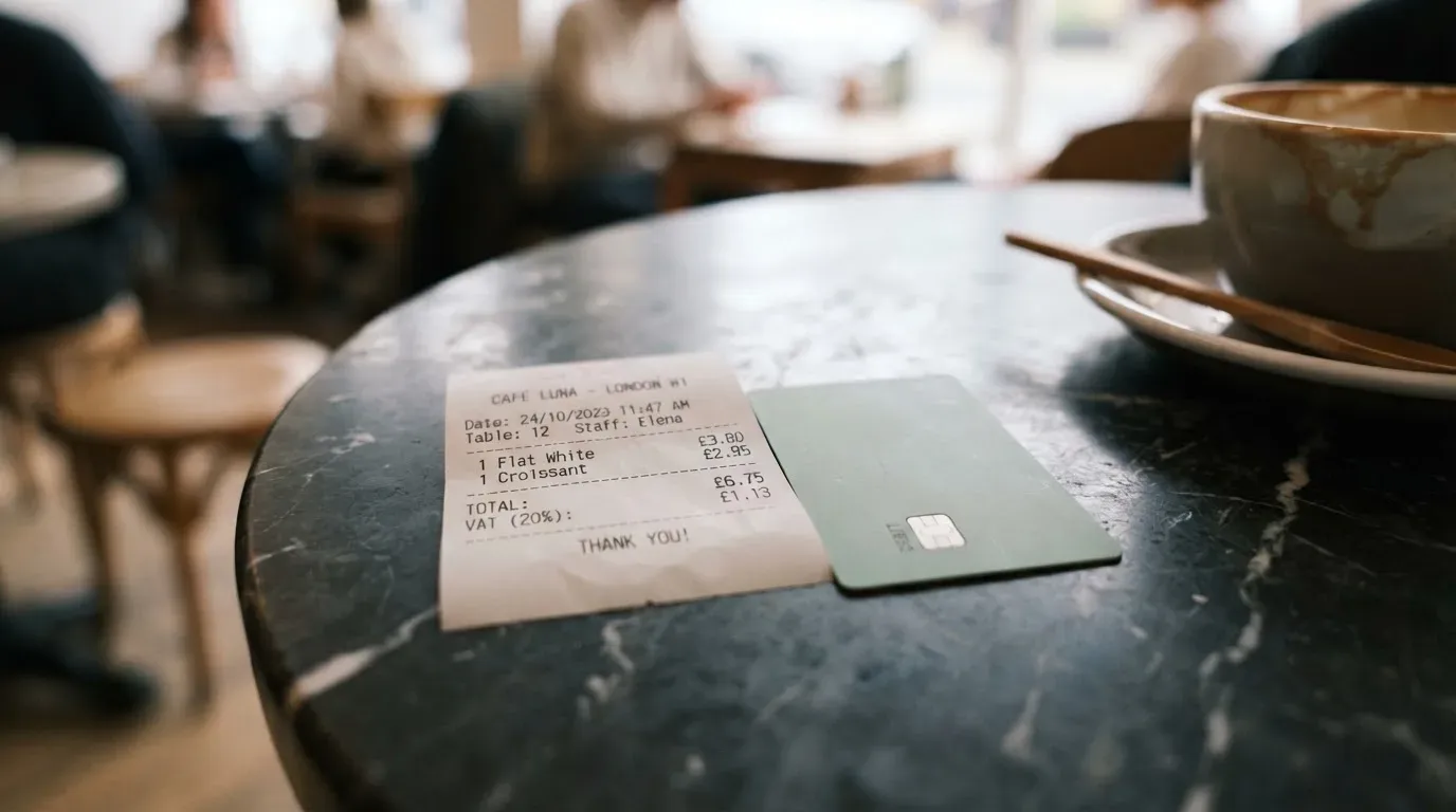 A receipt and a card on a café table