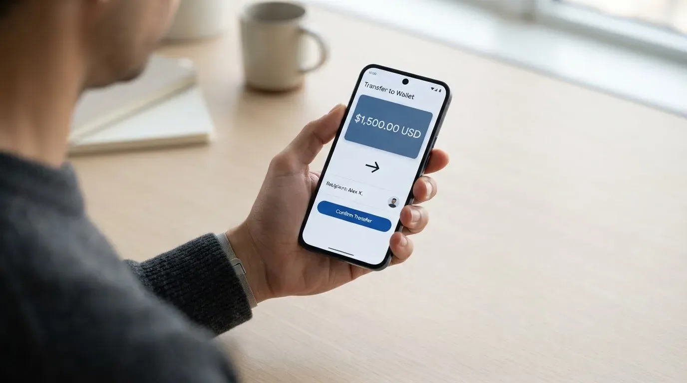 A phone showing a stablecoin transfer screen