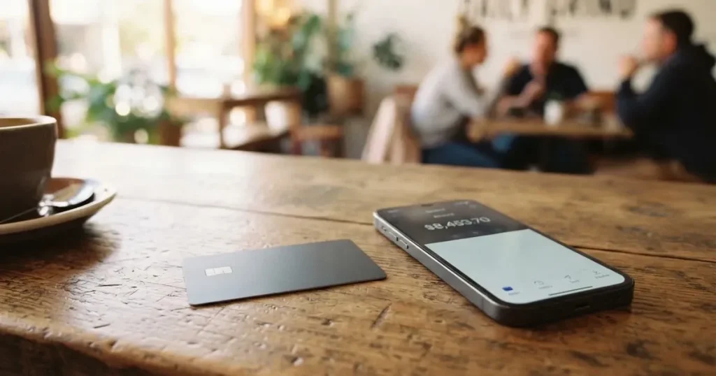 A payment card next to a phone with a crypto wallet app open