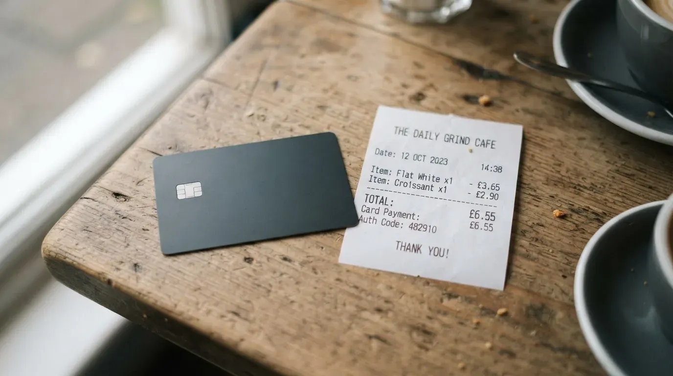 A receipt and a card on a café table
