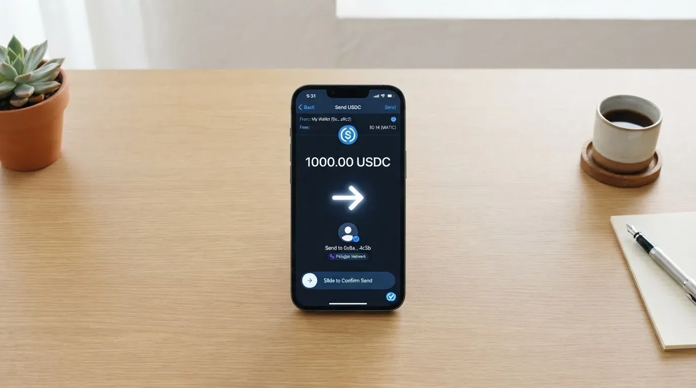 A phone showing a stablecoin transfer screen