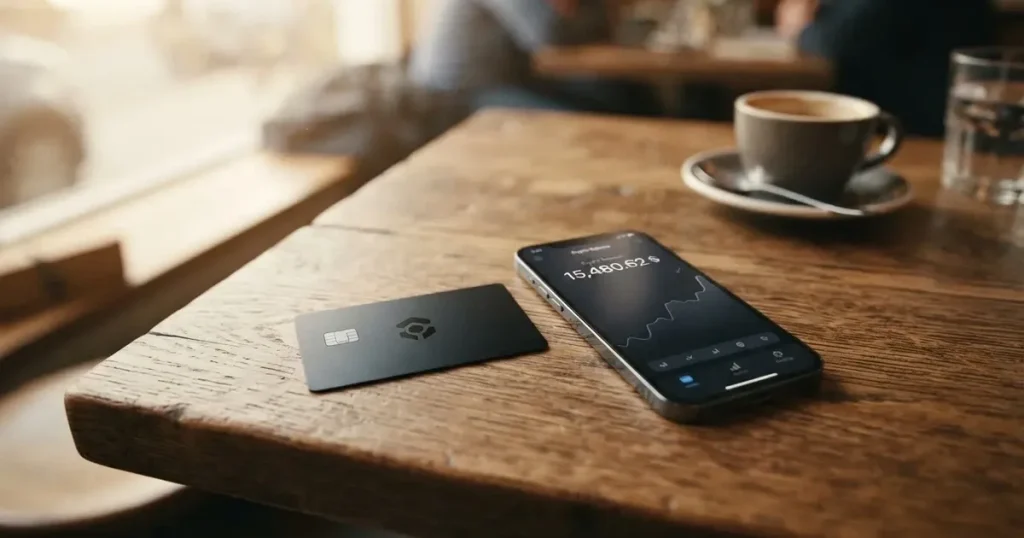 A payment card next to a phone with a crypto wallet app open