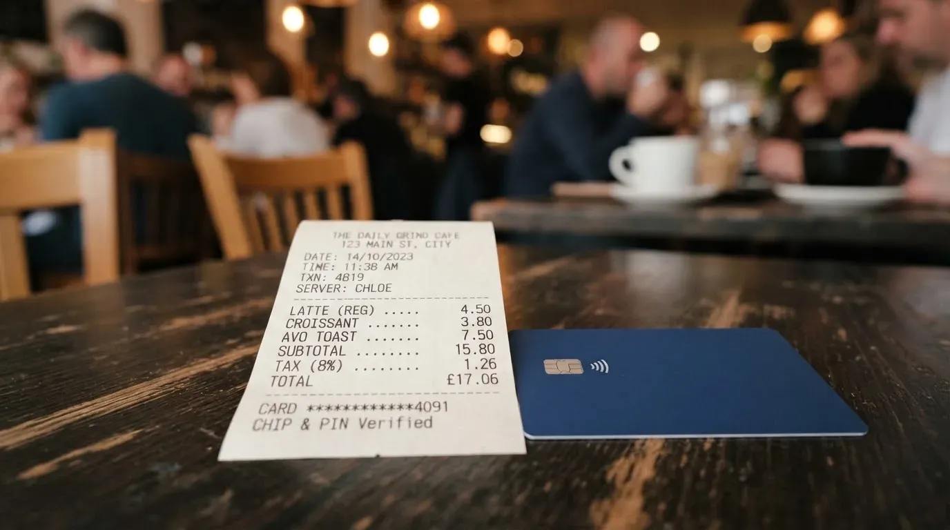 A receipt and a card on a café table