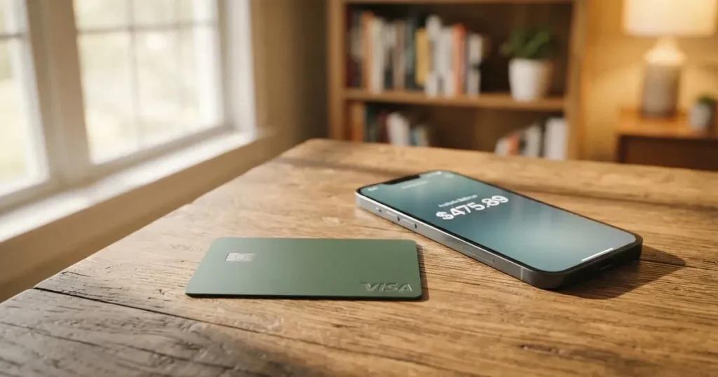 A payment card next to a phone with a crypto wallet app open