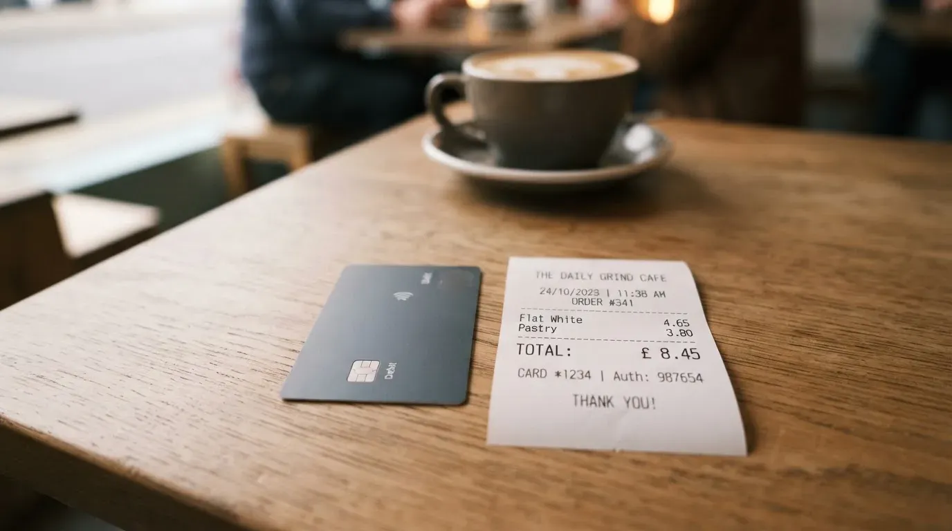 A receipt and a card on a café table