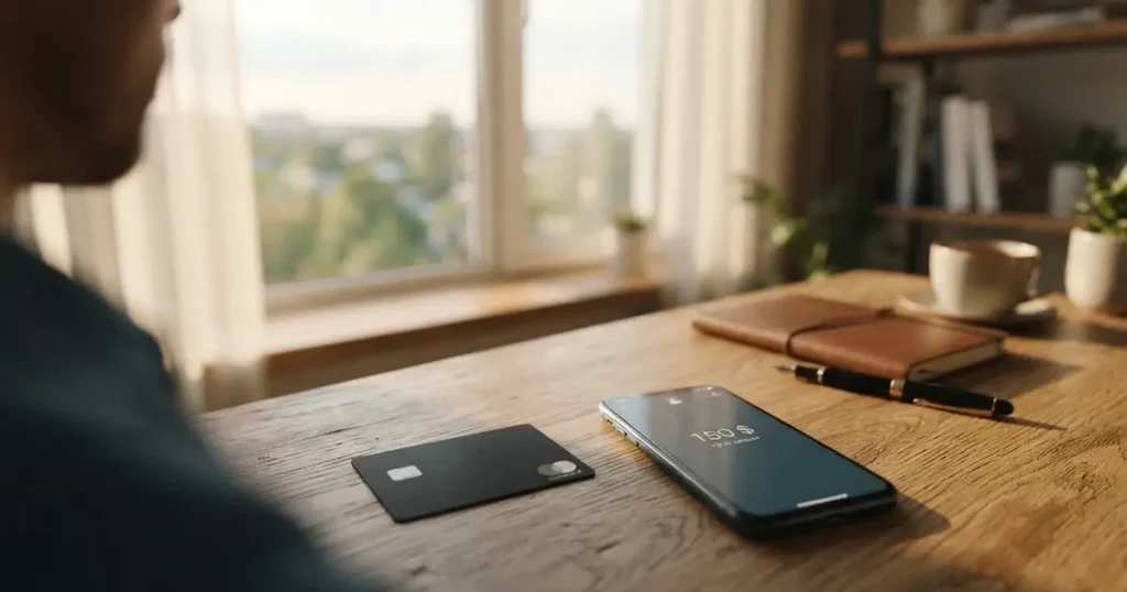 A payment card next to a phone with a crypto wallet app open