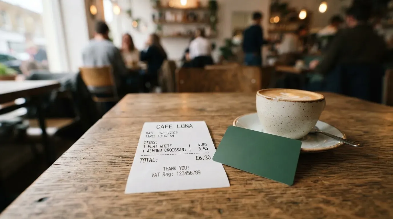 A receipt and a card on a café table