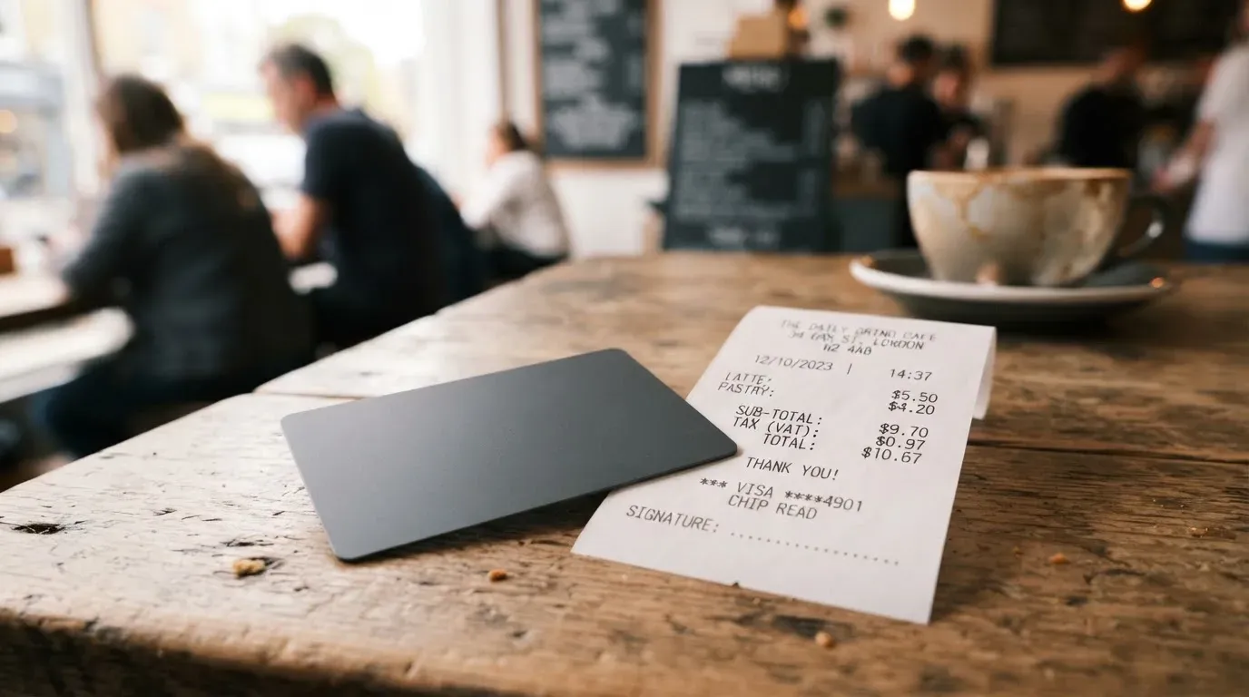 A receipt and a card on a café table