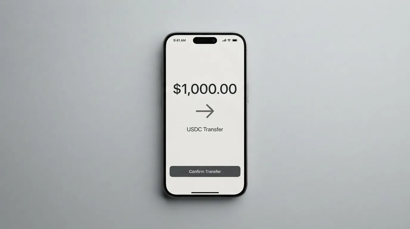 A phone showing a stablecoin transfer screen