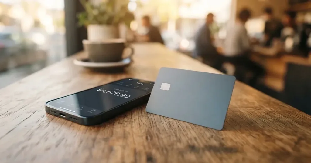 A payment card next to a phone with a crypto wallet app open