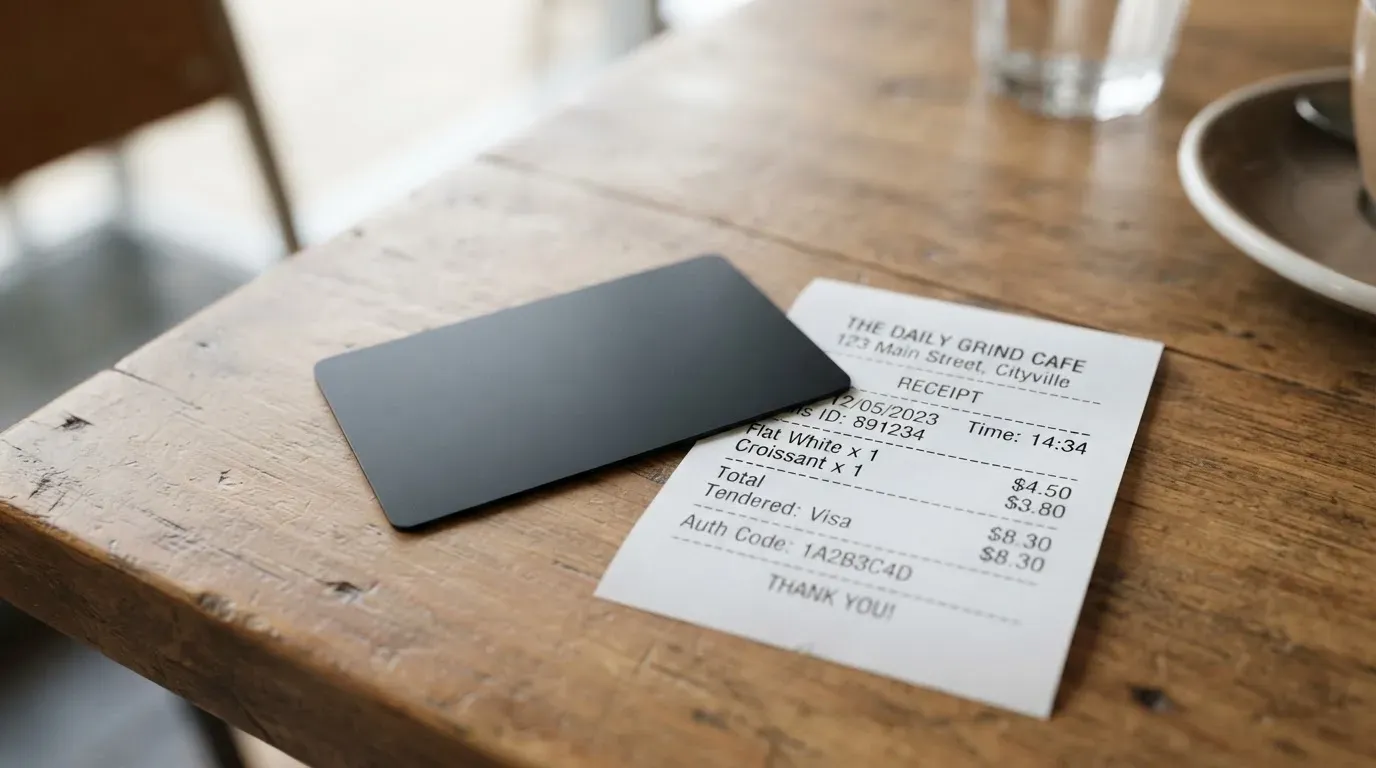 A receipt and a card on a café table