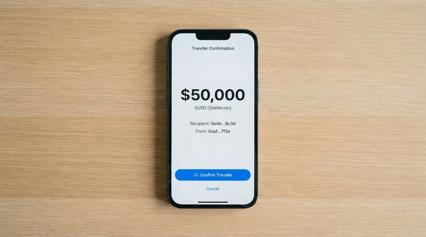 A phone showing a stablecoin transfer screen