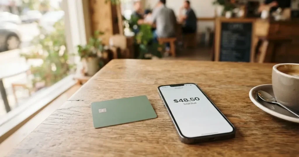 A payment card next to a phone with a crypto wallet app open