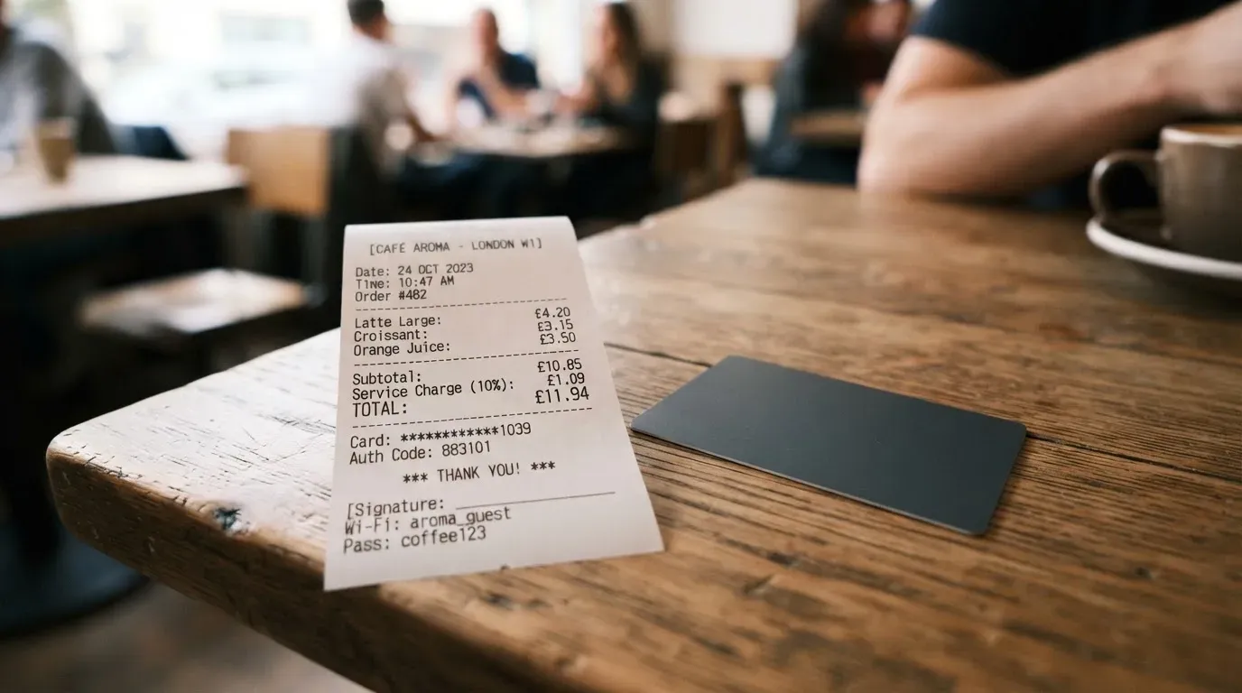 A receipt and a card on a café table