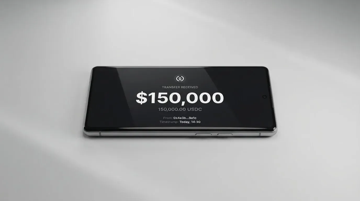 A phone showing a stablecoin transfer screen