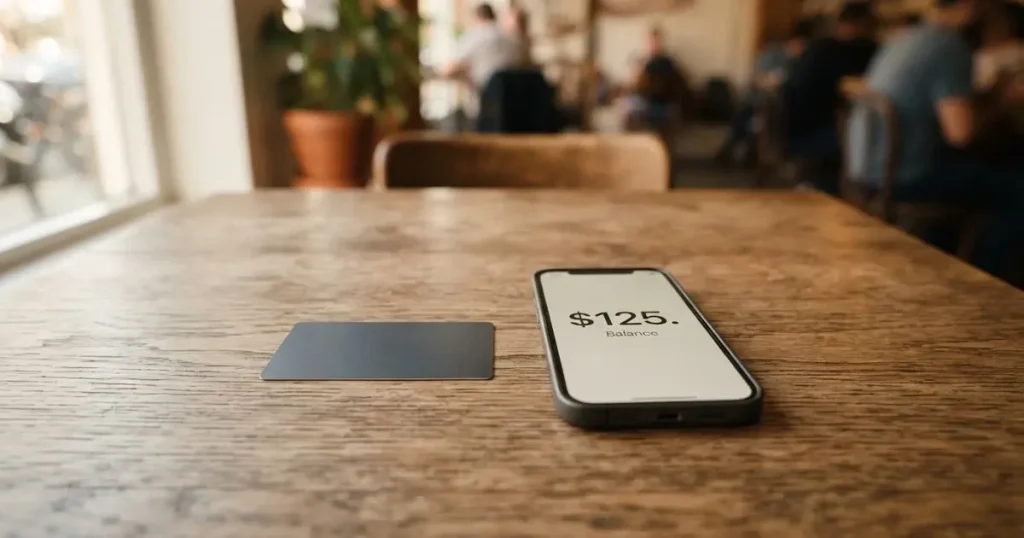 A payment card next to a phone with a crypto wallet app open