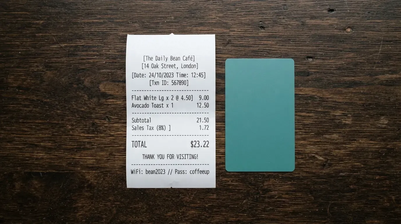 A receipt and a card on a café table