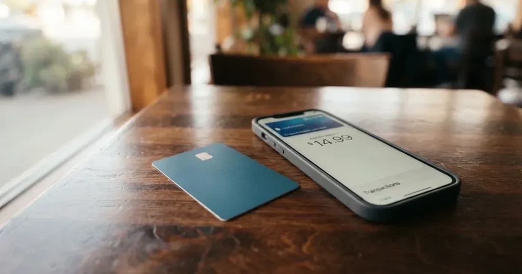 A payment card next to a phone with a crypto wallet app open