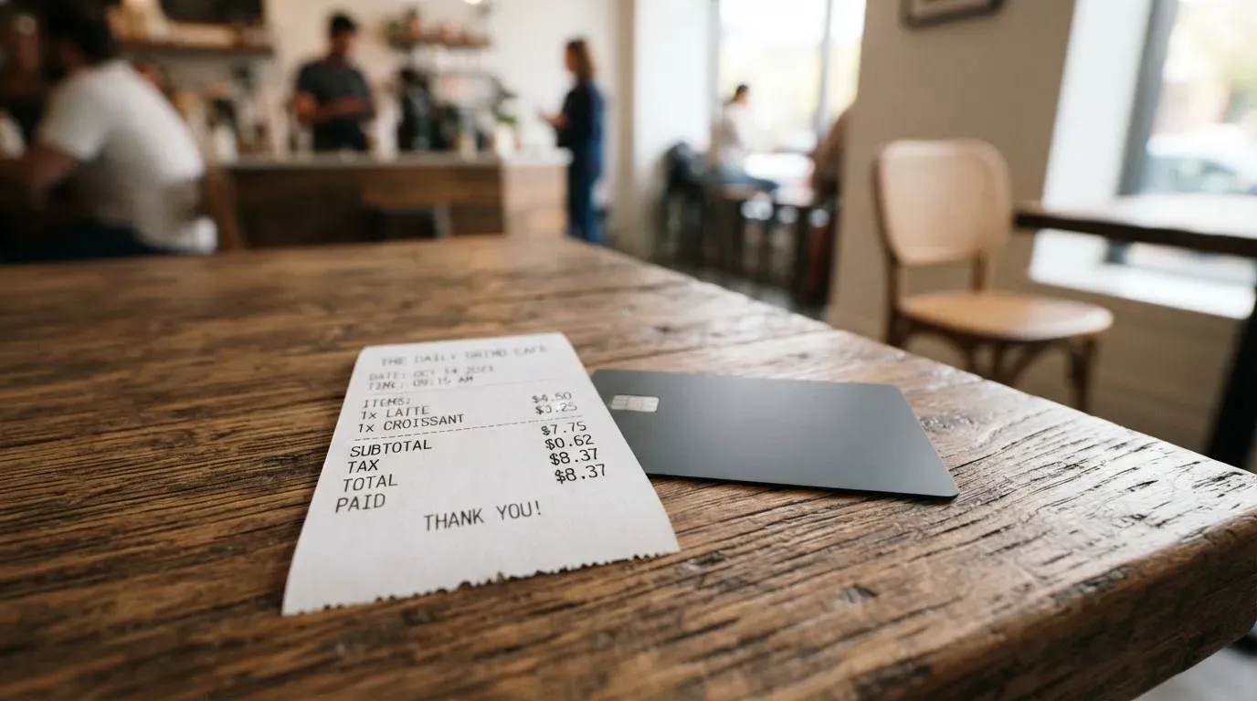 A receipt and a card on a café table