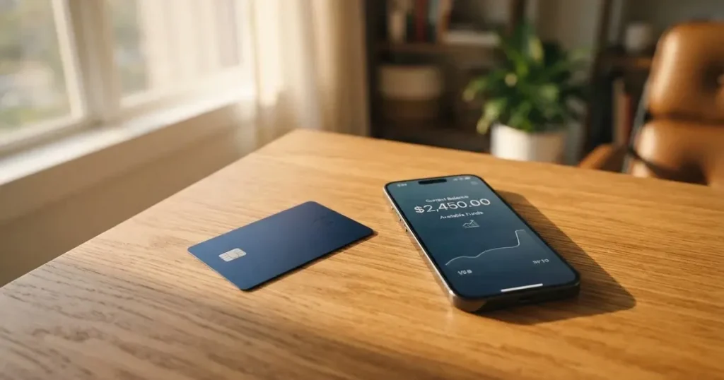 A payment card next to a phone with a crypto wallet app open