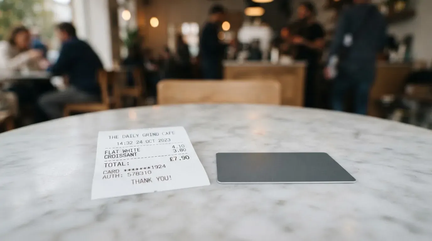A receipt and a card on a café table