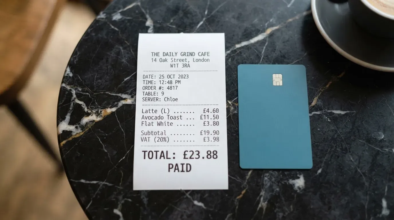 A receipt and a card on a café table