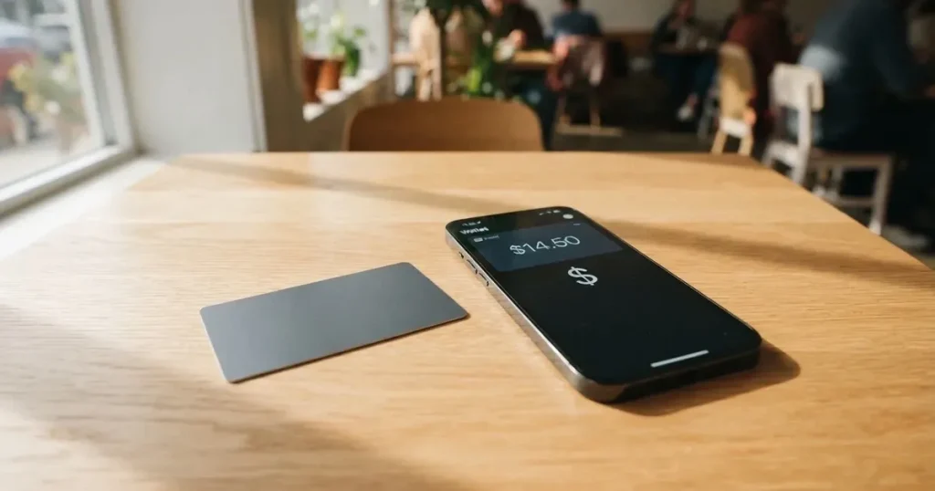 A payment card next to a phone with a crypto wallet app open