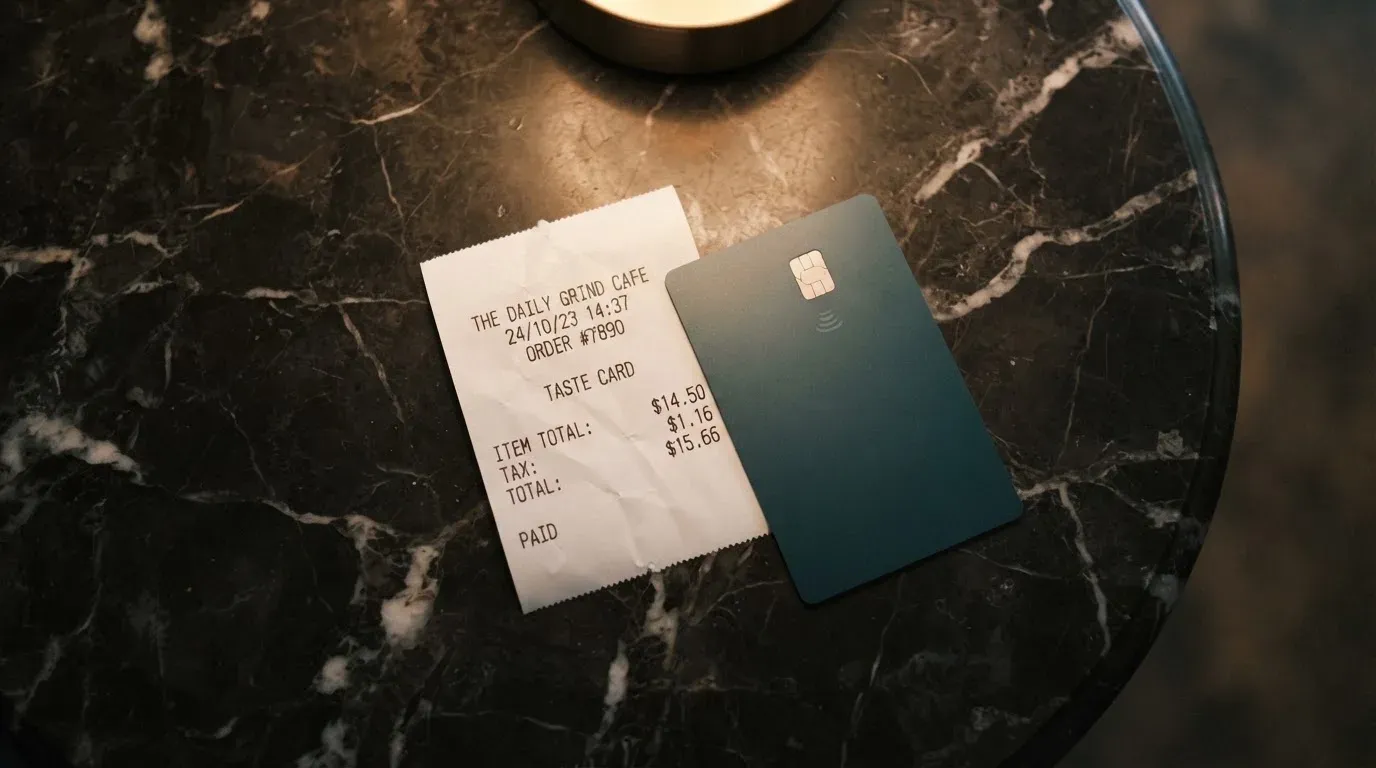 A receipt and a card on a café table