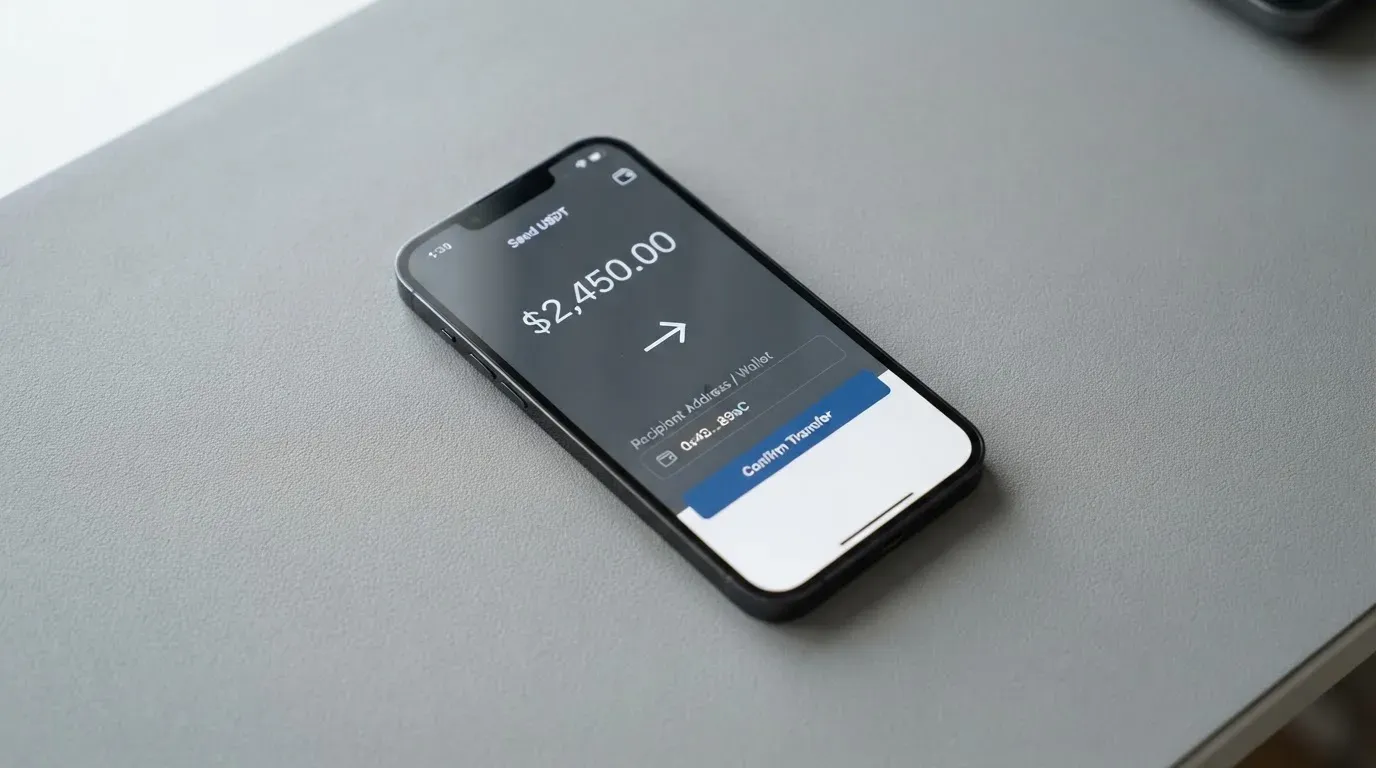 A phone showing a stablecoin transfer screen
