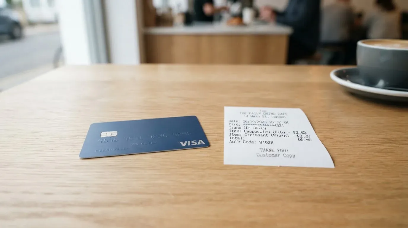 A receipt and a card on a café table