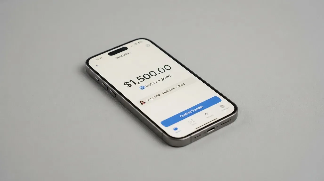 A phone showing a stablecoin transfer screen