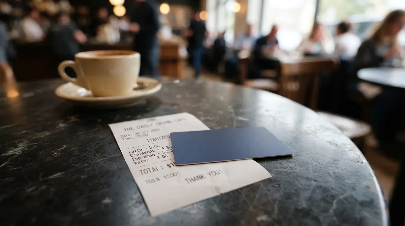A receipt and a card on a café table
