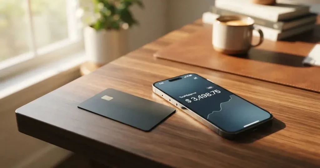 A payment card next to a phone with a crypto wallet app open
