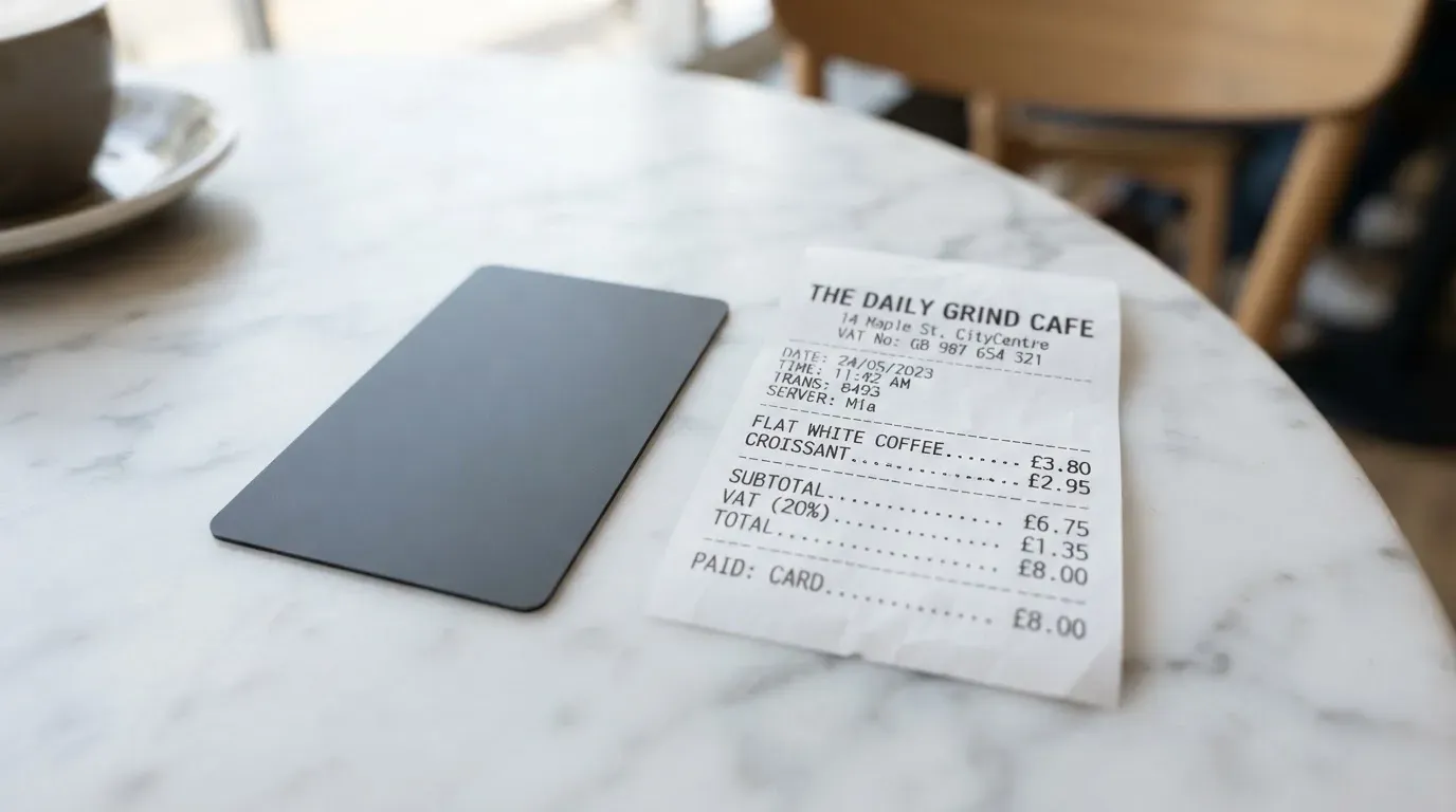 A receipt and a card on a café table