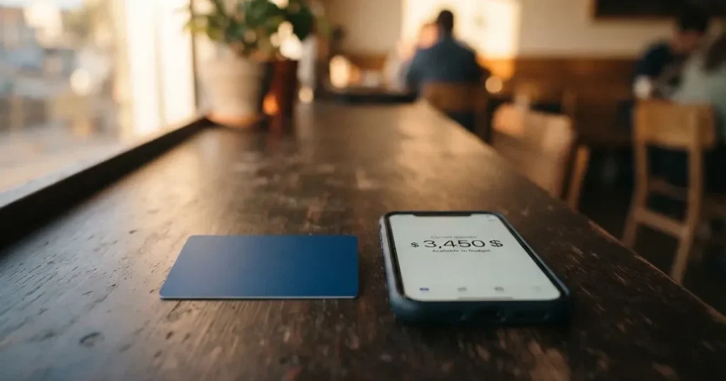 A payment card next to a phone with a crypto wallet app open