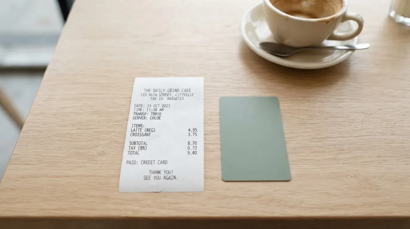 A receipt and a card on a café table