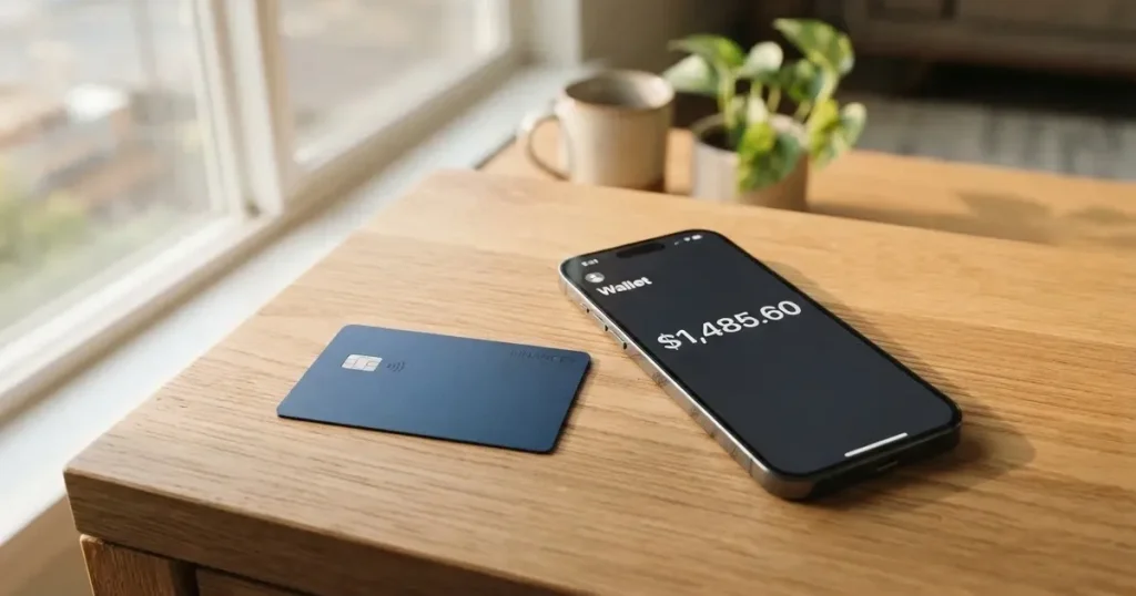 A payment card next to a phone with a crypto wallet app open