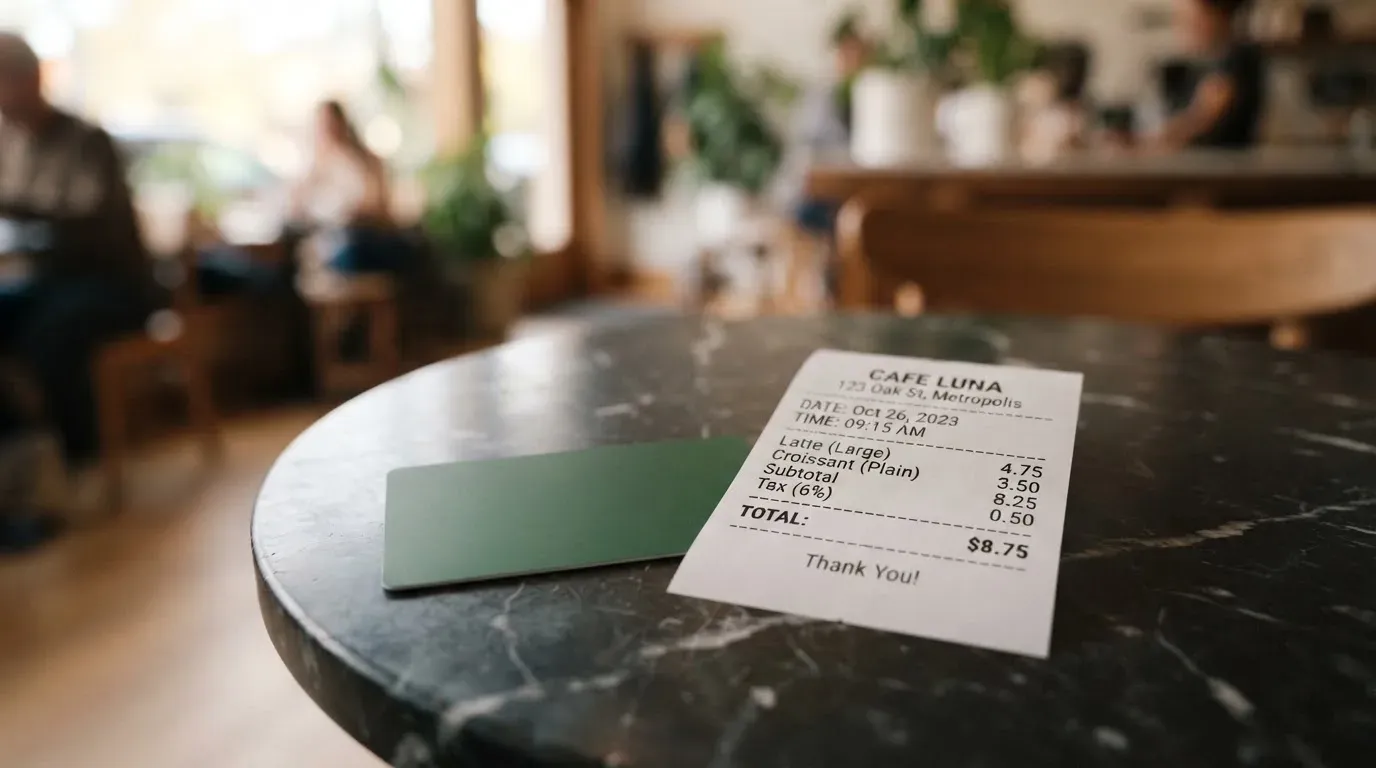 A receipt and a card on a café table