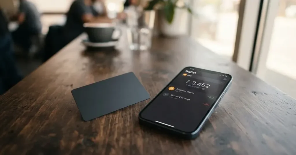 A payment card next to a phone with a crypto wallet app open