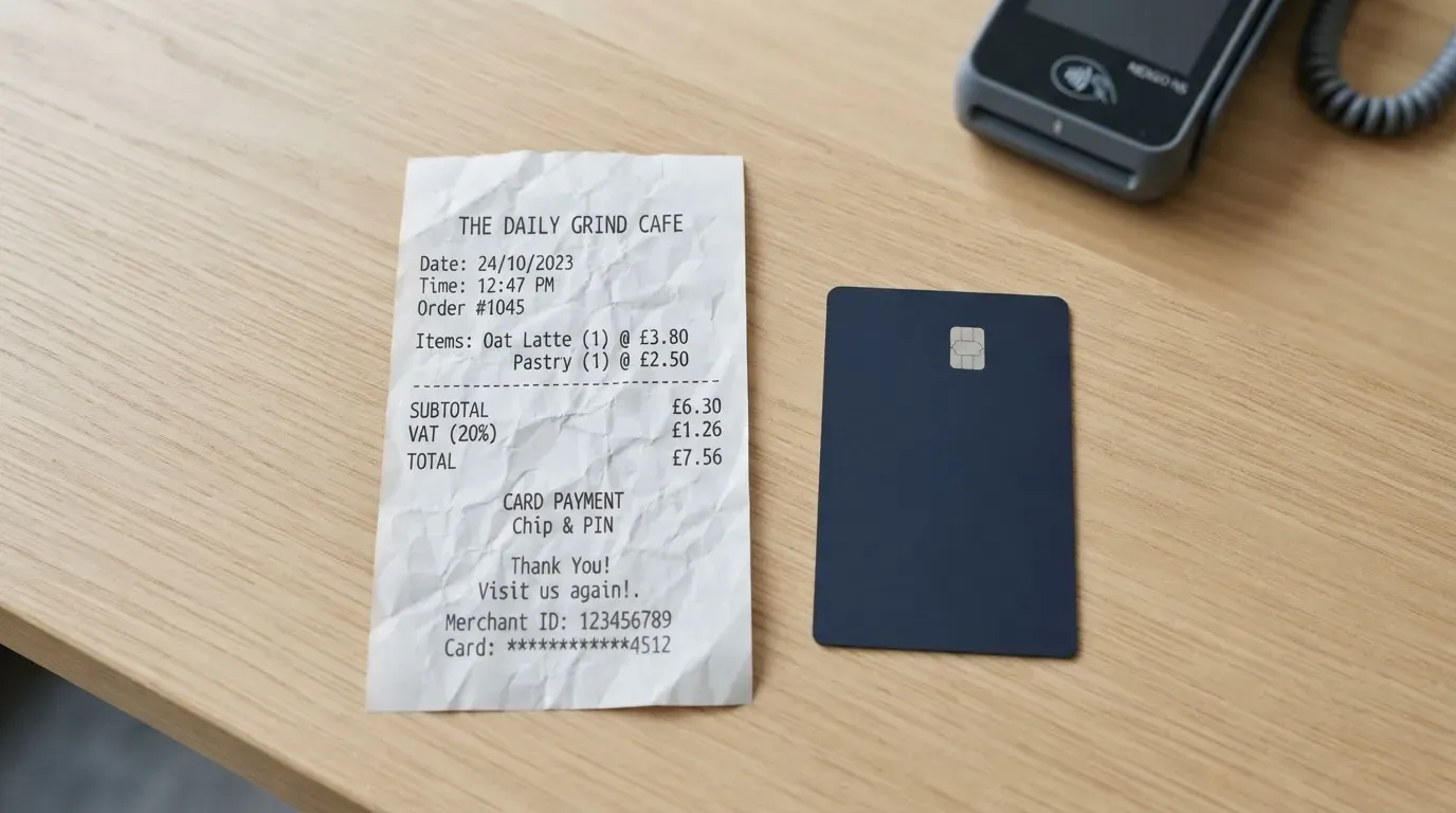 A receipt and a card on a café table