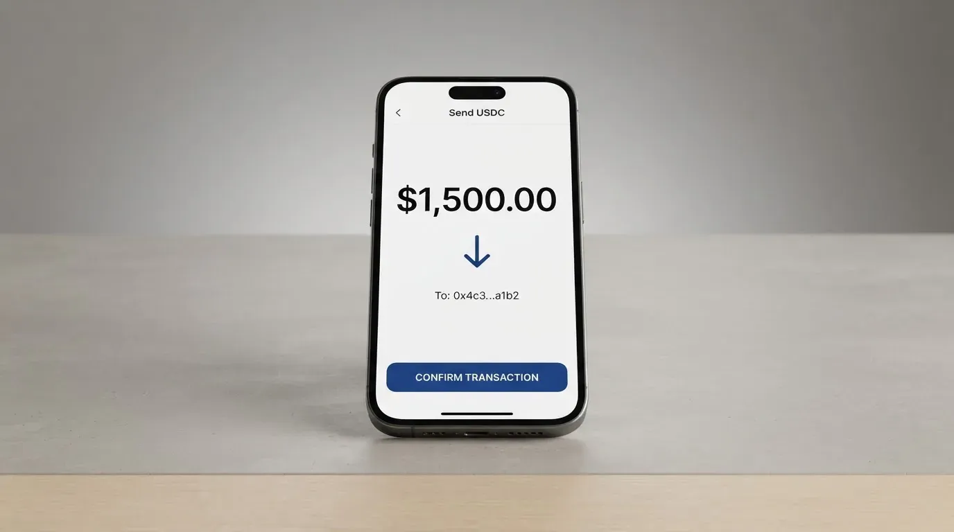 A phone showing a stablecoin transfer screen