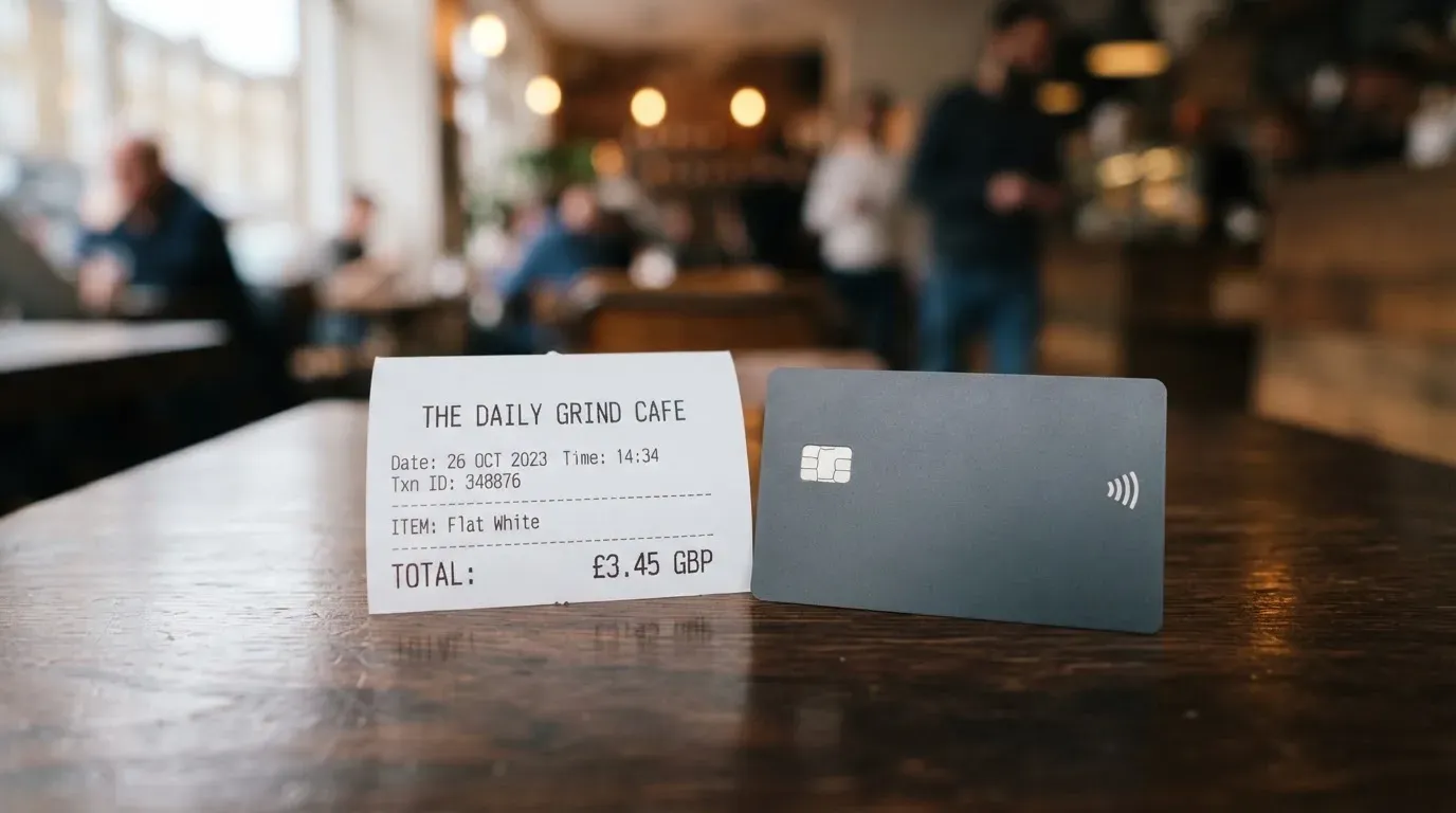 A receipt and a card on a café table